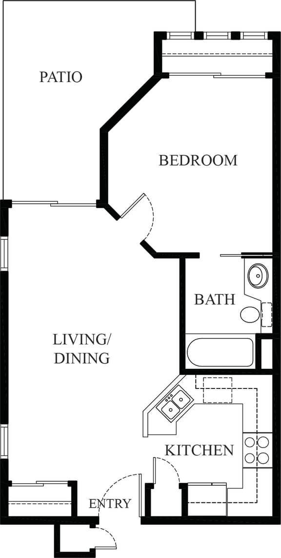 1 bed 1 bath floorplan, at Rancho Franciscan Senior Apartments, California