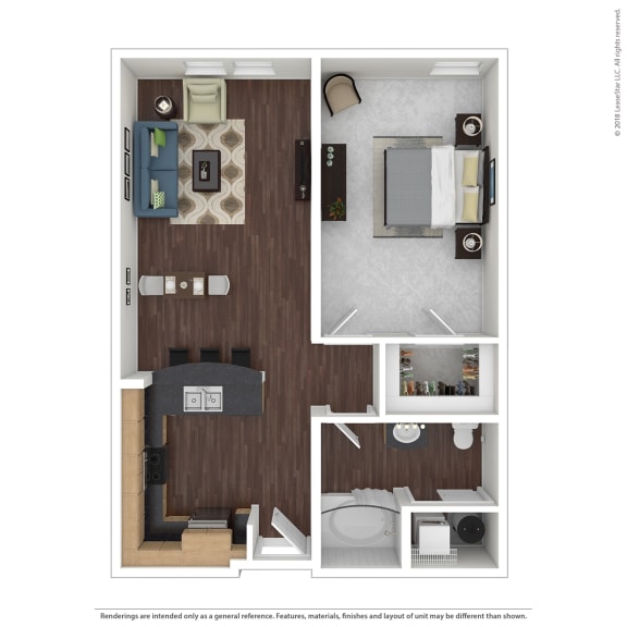 A2 with furniture Floor Plan at 45 Madison Apartments, Kansas City, 64111