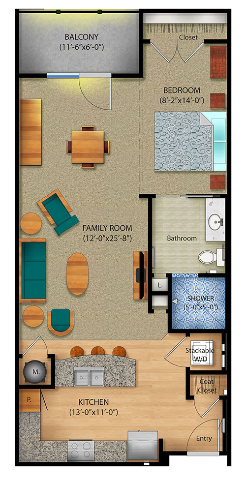 Studio Floor Plan 774 Sq.Ft. at 98 E. McBee Apartments, PRG Real Estate Management, Greenville