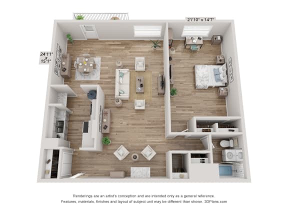 1 bedroom 1 bathroom floor plan A at The Lafayette, Norfolk, 23508