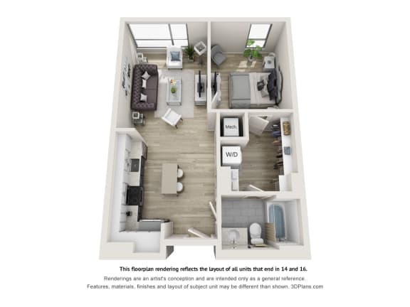 1 bedroom 1 bathroom apartment floor plan. Floorplan Rendering for all units that end in 14  &amp; 16