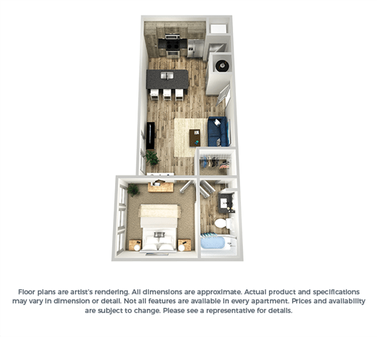 The azure 1-bed, 1-bath floor plan layout at our apartments in Orlando, FL