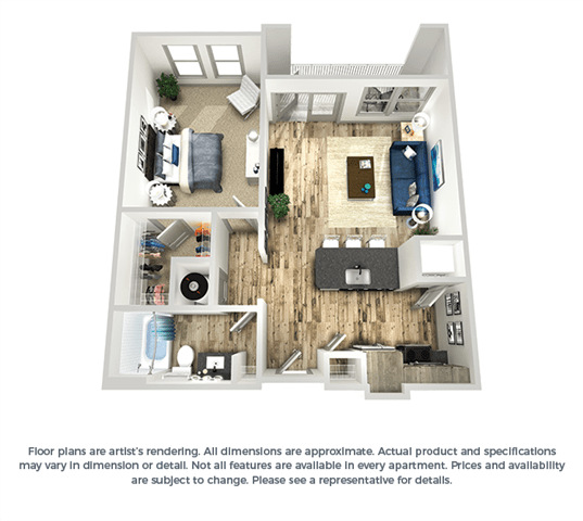 The cobalt 1-bed, 1-bath floor plan layout at Coda Orlando