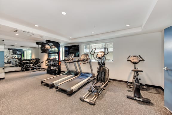 Fitness center with cardio equipment, TVs and weights available.