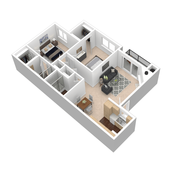 Classic Style 2 Bedroom, 2 Bathroom Plan C 3D Floor Plan
