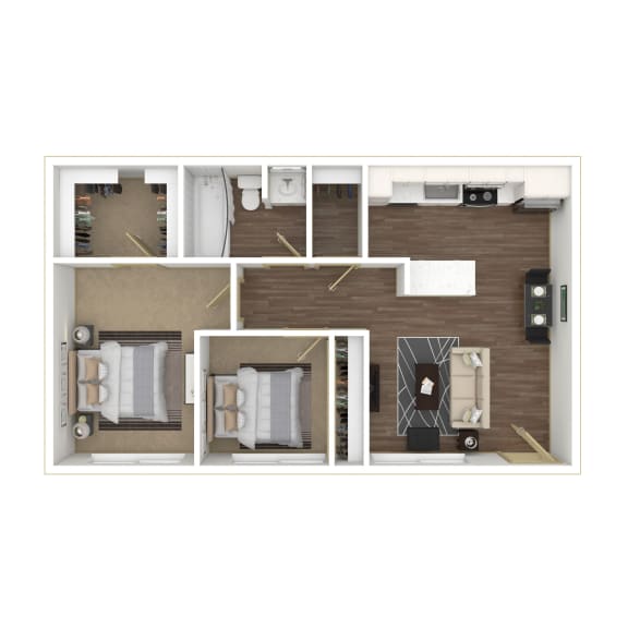 Two Bedroom, One Bathroom Floor plan 3D furnished image at Pinecrest Apartments, Davis, California