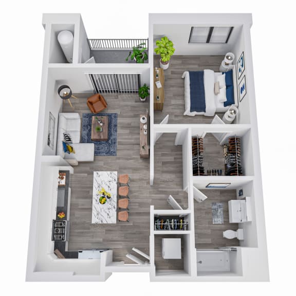 One bedroom, one bathroom 3D floor plan visual of floor plan A