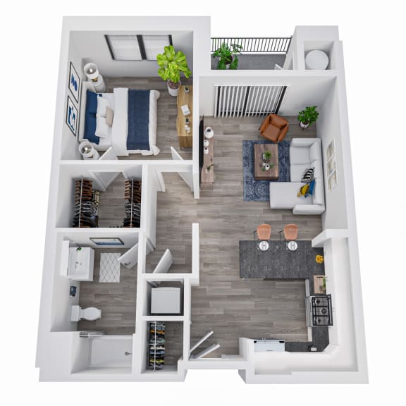 One bedroom, one bathroom 3D floor plan visual of floor plan B