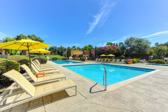 Pool Area with Yellow Umbrellas, Lounge Chairs, and Pool