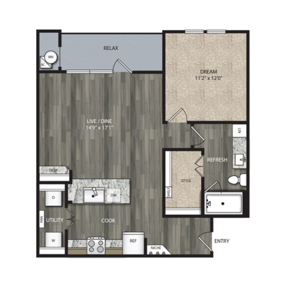 A3 809 Sq.Ft. Floor Plan at One Preston Station Apartments, J Street, Celina, 75009
