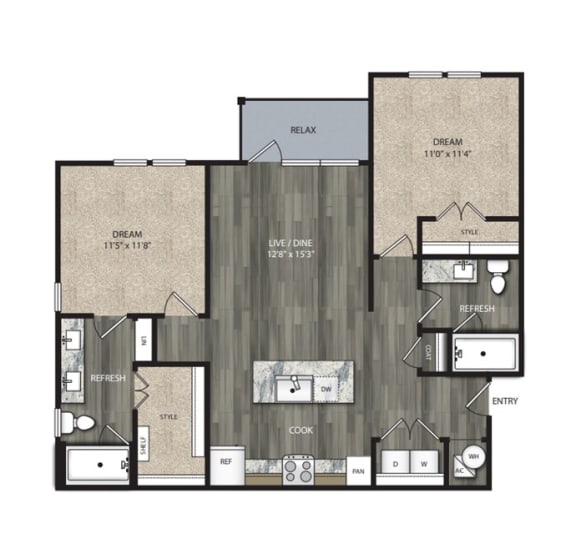 B1 1,019 Sq.Ft. Floor Plan at One Preston Station Apartments, J Street, Texas