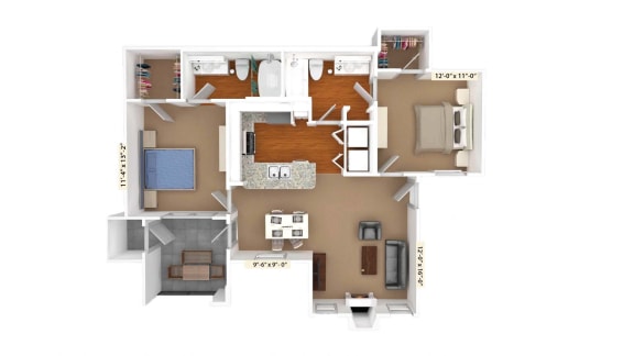 2 Bedroom 1 Bath 961 Sq.Ft. Floor Plan at Stoneleigh on Cartwright Apartments, J Street Property Services, Balch Springs, TX 75180
