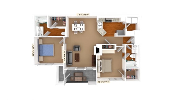 2 Bedroom 2 Bath 1,153 Sq.Ft. Floor Plan B3 at Stoneleigh on Cartwright Apartments, J Street Property Services, Texas, 75180