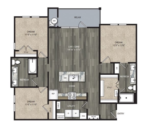 C1 1,392 Sq.Ft. Floor Plan at One Preston Station Apartments, J Street, Celina, 75009
