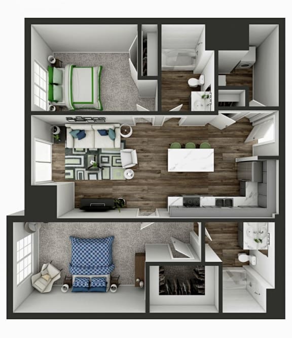 2 bedroom 2 bathroom 1,059 Sq.Ft. floor plan A at Panton Mill Station Apartments,J Street Property Services, LLC, South Elgin, 60177