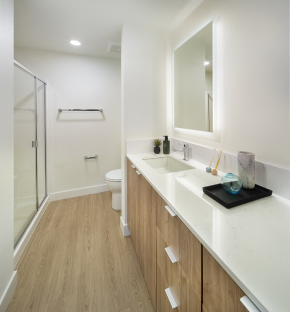 a bathroom with white countertops and wood flooring