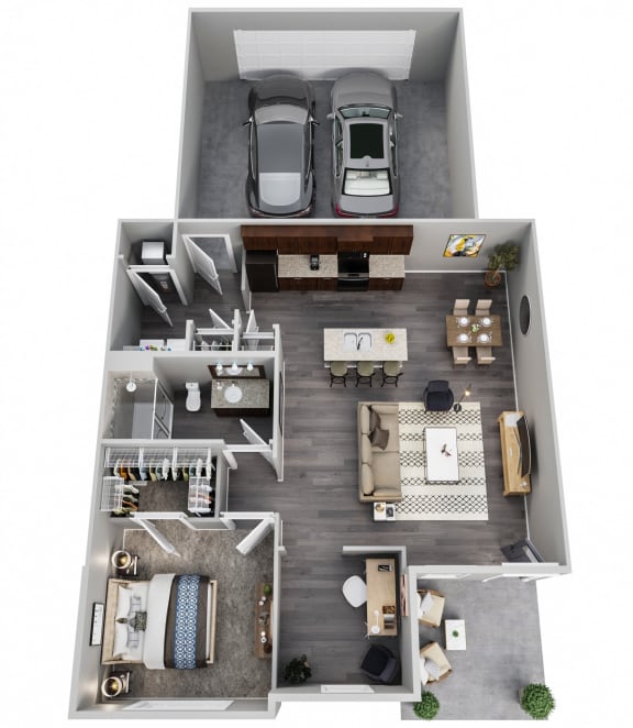 One Bedroom, Den, 1st Floor, 2 Car Garage
