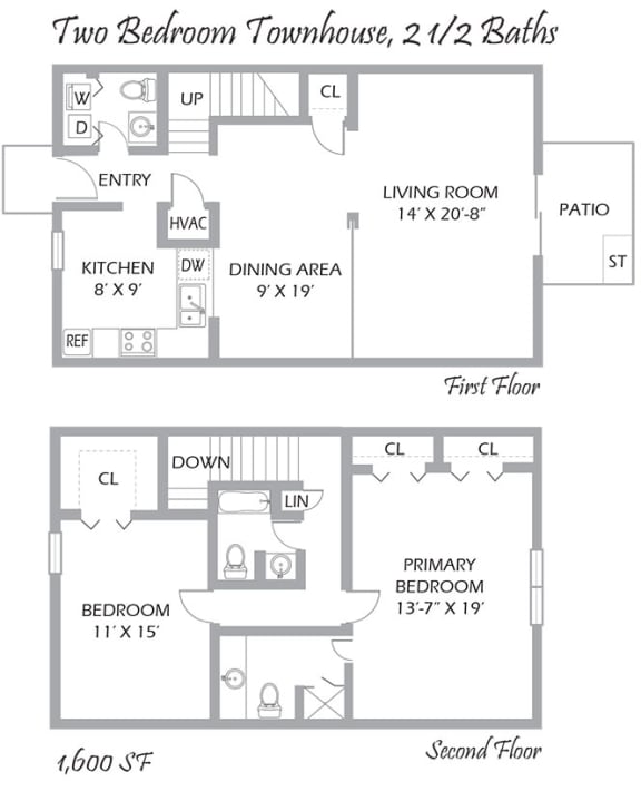 Floor Plan  Two Bedrooms, 2 1/2 Baths Townhouse