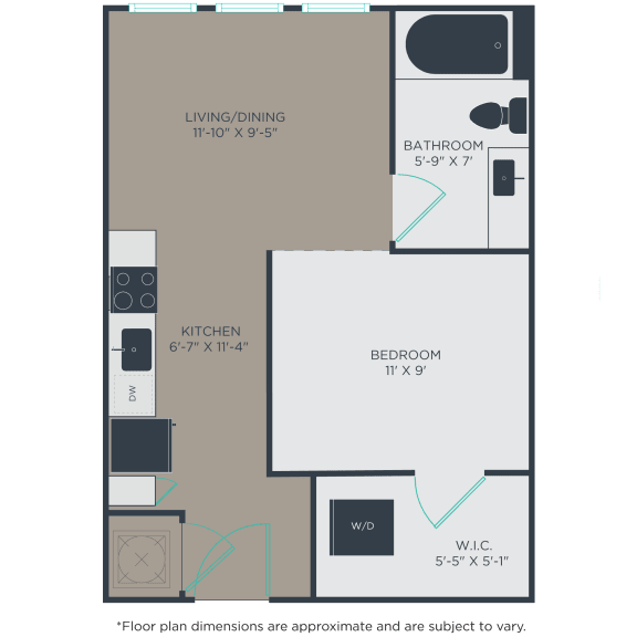 Floor plan for open concept one-bedroom apartment in the DADA arts district, NC
