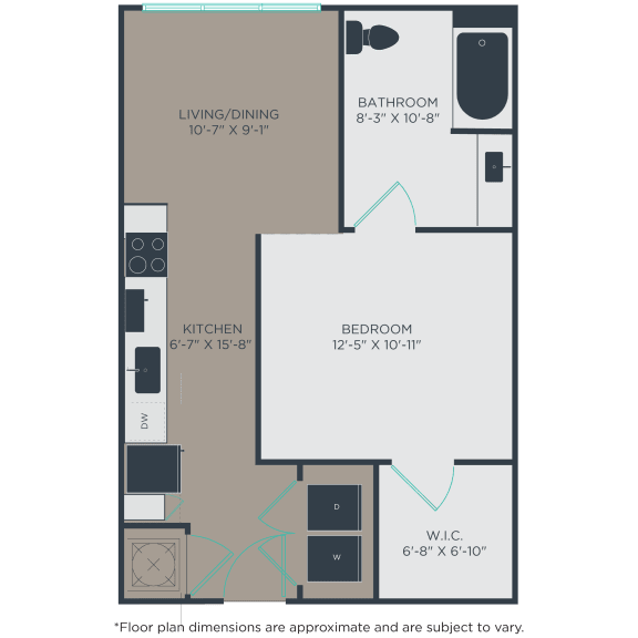 Floor plan with dimensions for studio apartment in Winston-Salem, NC