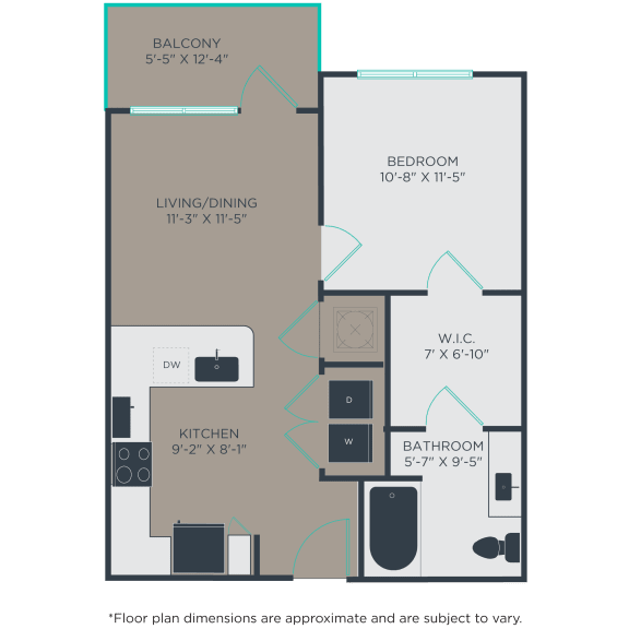 Informative floor plan with room dimensions for spacious one bedroom apartment in Madison Park, NC