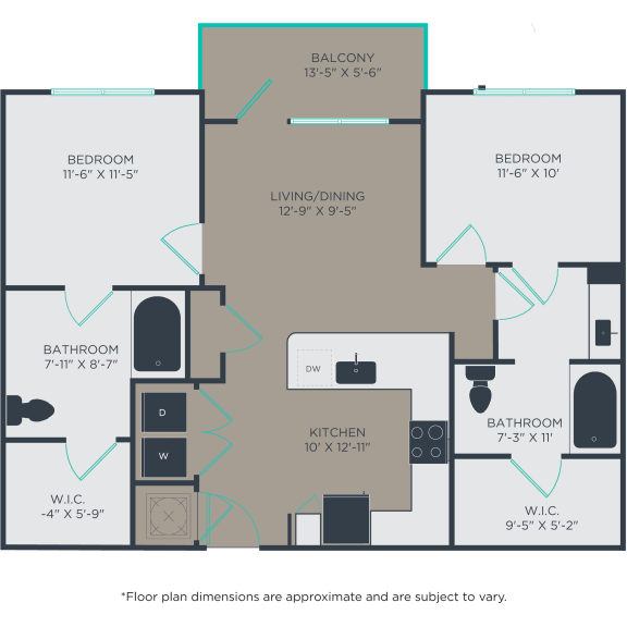 Floor plan for two bedroom apartment, perfect for roommate, couples, or working from home in the center of Downtown Winston Salem