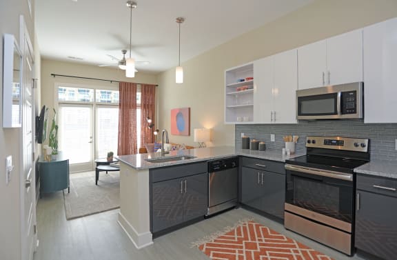 Electric Range In Kitchen at Link Apartments&#xAE; Innovation Quarter, Winston Salem, North Carolina