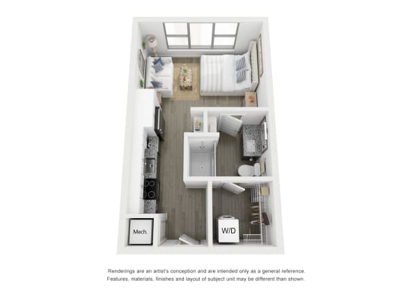Rendering of studio, 1 bath floor plan at Link Apartments Broad Ave in Memphis, TN.
