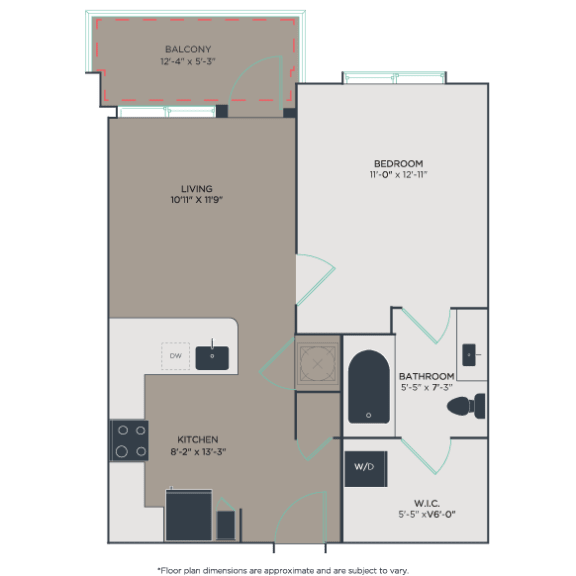 631 sq ft one bedroom apartment with large balcony and walk in closet