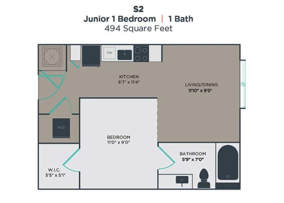 1 Bedroom 1 Bathroom Floor Plan 1 Bedroom 1 Bathroom Floor Plan at Link Apartments® Innovation Quarter, Winston Salem
