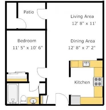 1 Bed 1 Bath Floor Plan at Del Norte Place Apartment Homes, El Cerrito, 94530
