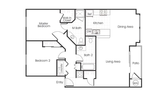 B1 floorplan two bedrooms two bathrooms at Bella Vista at Elk Grove Apartments, Elk Grove, CA, 95758