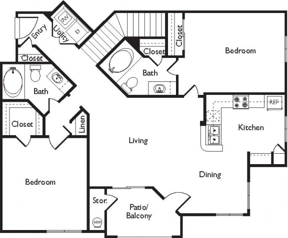 1162 sq.ft. E Floor Plan, at Missions at Sunbow Apartments, Chula Vista, California
