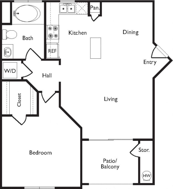 724 sq.ft. A Floor Plan, at Missions at Sunbow Apartments, CA, 91911