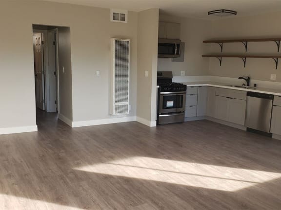 Living room and kitchen at Wilson Apartments in Glendale