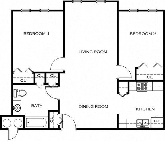 Floor Plan 2 Bed 1 Bath (848 sf)
