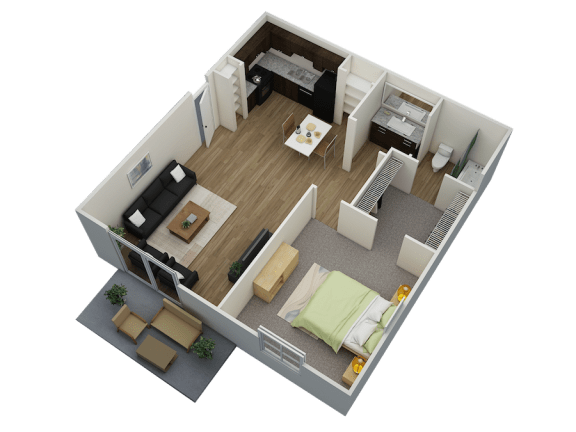 One-bedroom, one-bathroom 709 square foot 3D floor plan at Huntleigh Woods