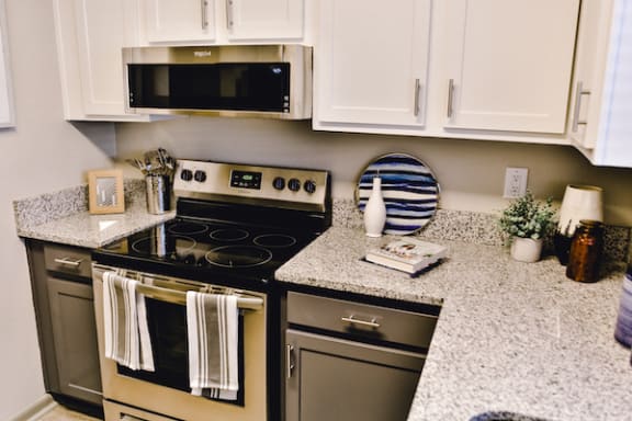 kitchen with granite countertops and stainless steel appliances at The Jameson Apartments, Homewood, Alabama
