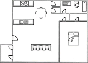 1x1-645 1 bed, 1 bath 645 square foot floor plan
