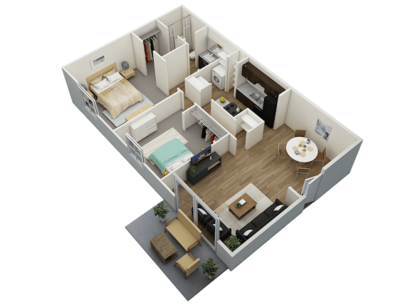 Two-bedroom, two-bathroom 945 square foot 3D floor plan at Huntleigh Woods