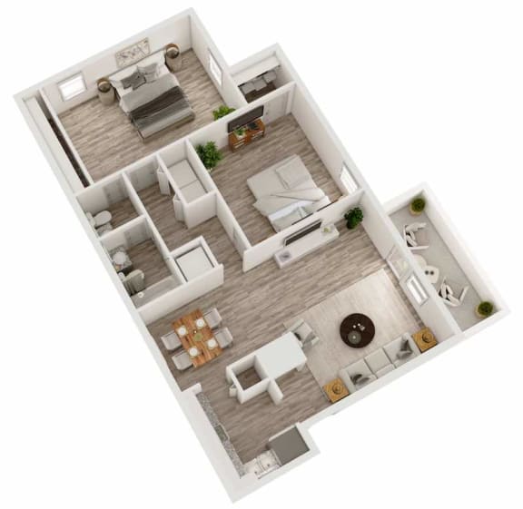 3D-2Bedx1-5Bath-FloorPlan Two bedroom, one and a half bathroom apartment home 3D floor plan at Berry Falls Apartments, Vestavia Hills, Alabama