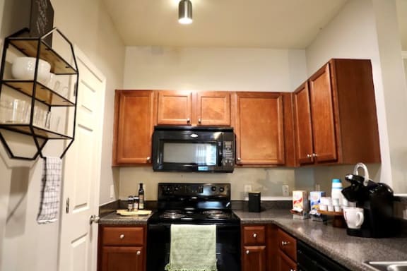 Black fridge, built-in microwave, and oven at Centerville Manor Apartments, Virginia, 23464