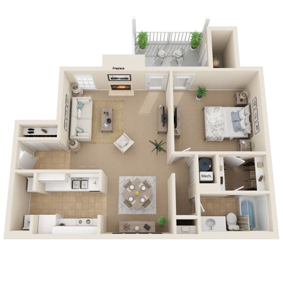 1 bedroom, 1 bathroom floor plan at Park at Meadow Ridge Apartments in Montgomery, AL 36117