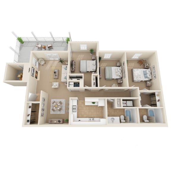 3 bedroom, 2 bathroom floor plan at Park at Meadow Ridge Apartments in Montgomery, AL 36117