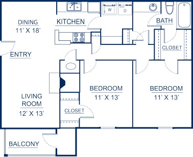 Ashford Place Apartments 2-bedroom, 1-bathroom 1,050 square foot floor plan