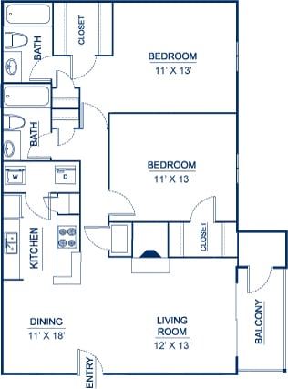 Ashford Place Apartments 2-bedroom, 2-bathroom 1,050 square foot floor plan