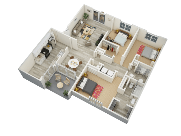 Three bedroom, two bathroom 1385 square foot Cypress Classic 3D floor plan at Hampton House Apartments, Jackson, Mississippi