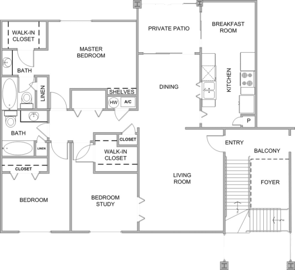 Three bedroom, two bathroom 1385 square foot  floor plan at Hampton House Apartments, Jackson, Mississippi