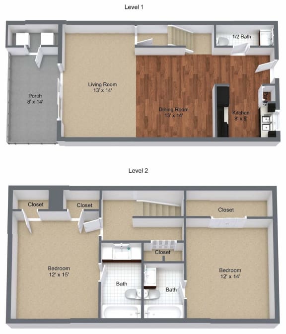 1410 square foot 2-bedroom, 2.5-bathroom floor plan at Heritage On the River Apartments, Jacksonville, 32210