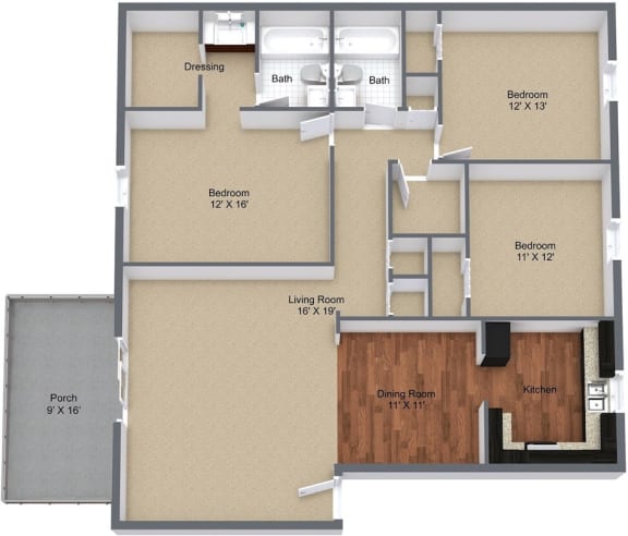 Floor Plan  1450 square foot 3-bedroom, 2-bathroom floor plan at Heritage On the River Apartments, Jacksonville, Florida